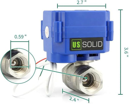 U.S. Solid Motorized Ball Valve- 1/2" Stainless Steel Ball Valve with Full Port, 9-24V AC/DC and 2 Wire Auto Return Setup