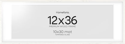 Homeforia 12x36 White Picture Frame, High End Oak 12x36 Wood Poster Frames with Mat 10x30 Art, 12 x 36 White Wooden Frames Matted to 10 by 30, 36x12 Panoramic Frame, Tempered Glass, Wall Kit, Set of 1