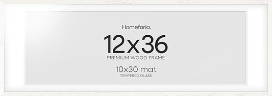 Homeforia 12x36 White Picture Frame, High End Oak 12x36 Wood Poster Frames with Mat 10x30 Art, 12 x 36 White Wooden Frames Matted to 10 by 30, 36x12 Panoramic Frame, Tempered Glass, Wall Kit, Set of 1