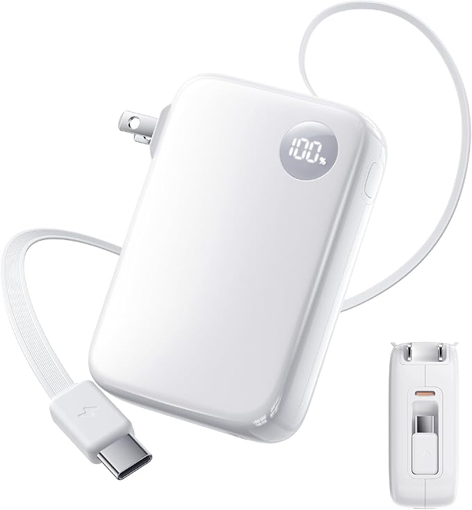 HOU 10000mAh Portable Power Bank with Retractable USB-C Cable, 35W Fast Charging, Dual Device Charging, Foldable Wall Plug, FCC/UL Certified 3 in 1 PD Charger for iPhone, Samsung, iPad, etc