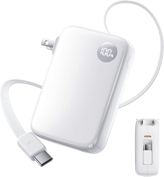 HOU 10000mAh Portable Power Bank with Retractable USB-C Cable, 35W Fast Charging, Dual Device Charging, Foldable Wall Plug, FCC/UL Certified 3 in 1 PD Charger for iPhone, Samsung, iPad, etc