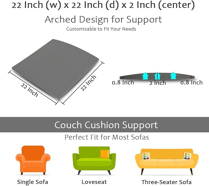 Couch Cushion Supports for Sagging Seat 22'' x 22'' High Density 40D Curved Foam Sofa Cushion Support Under The Saggy Pads Firmer Foam Lifters for Saggy Couch (Grey (Set of 2), 22 Inch * 22 Inch)