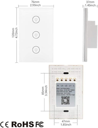 MOES WiFi Smart Wall Touch Light Switch Glass Panel Wireless Remote Control by Mobile APP Anywhere Compatible with Alexa,Timing Function No Hub Required (Wall Switch 3 Gang)