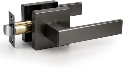 KNOBWELL 1 Pack Gunmetal Black Door Handle Brushed Black Nickel Square Doorknob with Lever Interior Door Lever for Closet Hallway