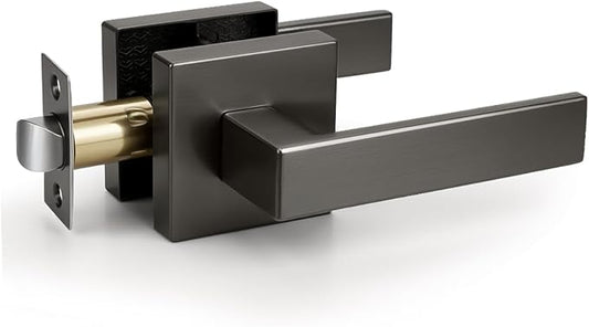 KNOBWELL 1 Pack Gunmetal Black Door Handle Brushed Black Nickel Square Doorknob with Lever Interior Door Lever for Closet Hallway