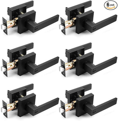 Probrico Interior Black Door Handle, Heavy Duty, Flat Square Privacy Door Handles, Keyless Door Levers Lockset for Bedroom and Bathroom (6 Pack, Modern)