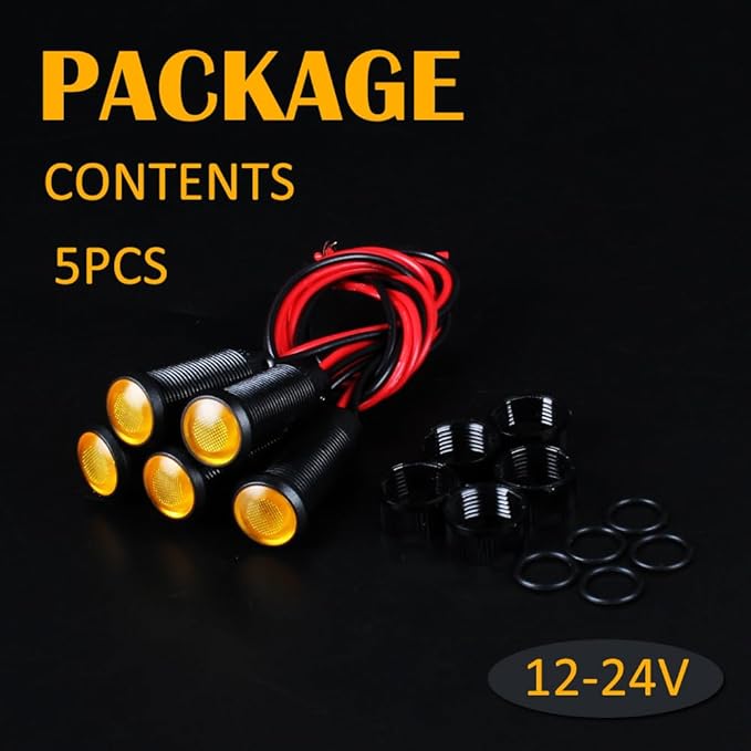 5pcs 10mm LED Indicator Light Plastic Black Signal Dot Lamp 12V-24V 2/5" Mounting Hole Size with 15cm/5.9in. Wire (Yellow LED)