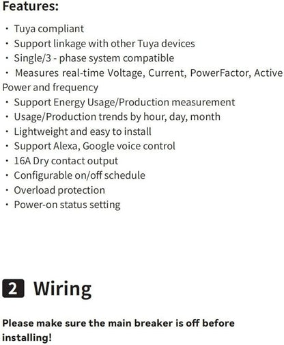 Smart 3‑Phase Din Rail Energy Meter With Clamps,Voltage And Current Monitor For Tuya App Control,Solar Power Consumption And Production Tracking,Overload Protection(80A)