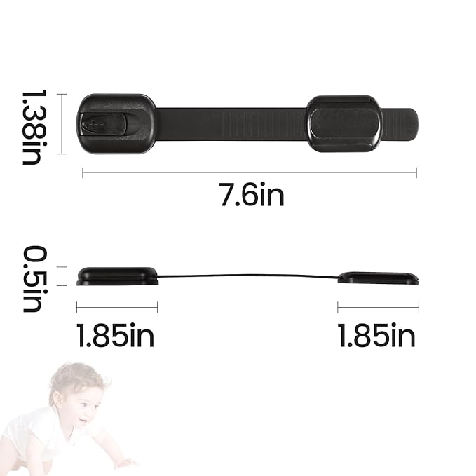 Child Safety Strap Locks (6 Packs) Baby Lock for Drawers, Refrigerators, Dishwashers, Toilet Seats, Cabinets, Ovens, Trash Cans, etc. Easy to Install, No Drilling Required, 3M Adhesive Pads (Black)