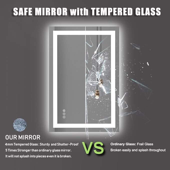 Amorho LED Bathroom Mirror 24"x 36" with Front and Backlight, Stepless Dimmable Wall Mirrors with Anti-Fog, Shatter-Proof, Memory, 3 Colors, Double LED Vanity Mirror(Horizontal/Vertical)
