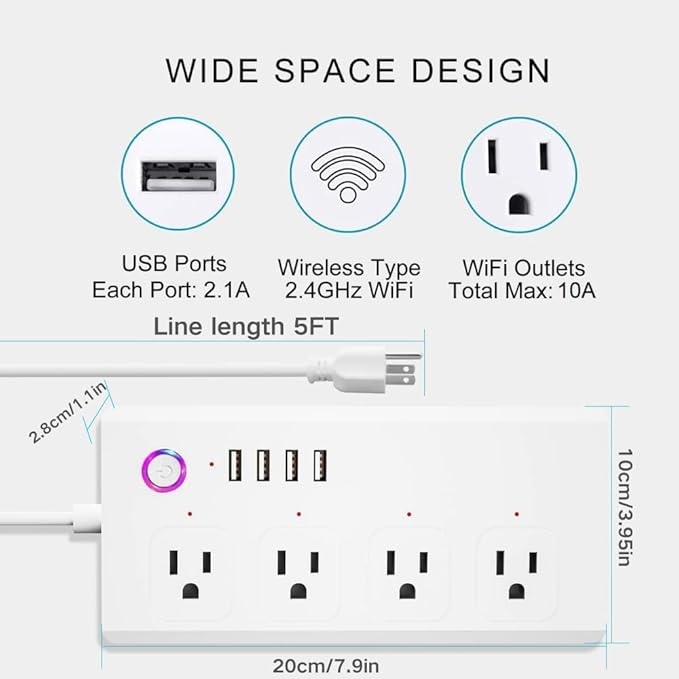 XENON Smart Plug Power Strip，Surge Protector with 4 Individually Controlled Smart Outlets, Voice Control,4 USBs (incl. 20W USB-C), Compatible with Alexa and Google Home,5Ft Extension Cord