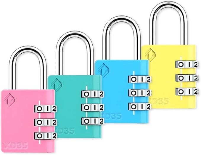 XD35 Combination Lock, 3-Digit Padlock for School Gym Sports LockerLock, Fence, Toolbox, Case, Hasp Storage (4-Pack, Pink, Emerald, Blue, Yellow)