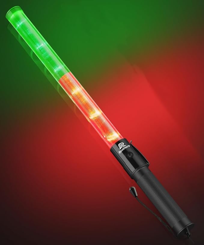 RoadHero 1 Pack 21 Inch Traffic Wands, Red and Green Led Traffic Control Baton, Safety Light Wand with 3 Flashing Modes, Air Marshaling Signal Wand with Side Clip for Airport, Parking, Car Directing
