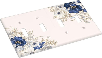 Decorative Light Switch Cover Plate Rustic Blue White Flowers Floral Penoy 4 Gang Wall Plate Oversized Quad Toggle Switch Cover Plate Jumbo Face Plate for Bedroom Decor