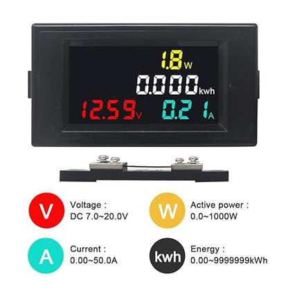 KETOTEK DC 7-20V 50A Power Meter Battery Monitor Digital Multimeter Panel Kwh Volt Amp Watt Meter Power Energy Monitor DC Current Voltage Meter with 50A Shunt
