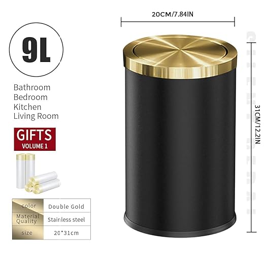 9L/2.4GAL Black Bathroom Trash Can,Gold Small Trash Can with Lid,Garbage cans for Bathroom, Hotel,Office,Lundry,Powder Room 【Perfect Christmas Gift Idea】 (ＢＬＡＣＫ)