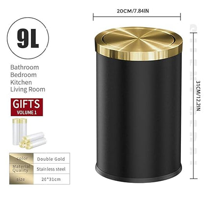 9L/2.4GAL Black Bathroom Trash Can,Gold Small Trash Can with Lid,Garbage cans for Bathroom, Hotel,Office,Lundry,Powder Room 【Perfect Christmas Gift Idea】 (ＢＬＡＣＫ)