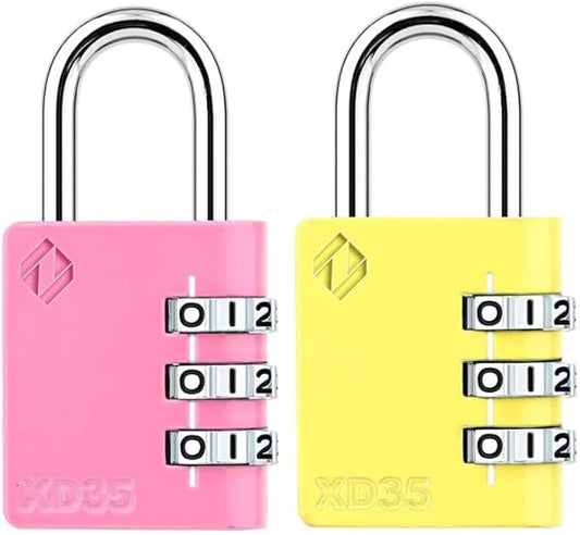 XD35 Combination Lock, 3-Digit Padlock for School Gym Sports LockerLock, Fence, Toolbox, Case, Hasp Storage (2-Pack, Pink, Yellow)