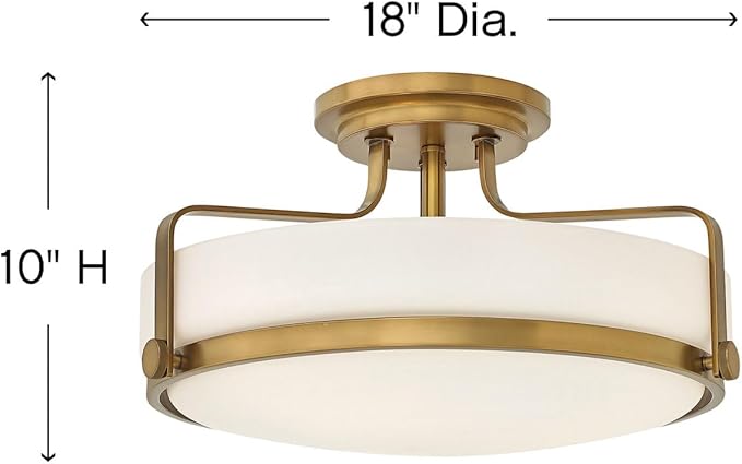 Hinkley Harper Medium Semi-Flush Mount Ceiling Light - Sleek, Retro Style, Etched Opal Glass - Heritage Brass Finish