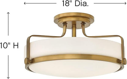 Hinkley Harper Medium Semi-Flush Mount Ceiling Light - Sleek, Retro Style, Etched Opal Glass - Heritage Brass Finish