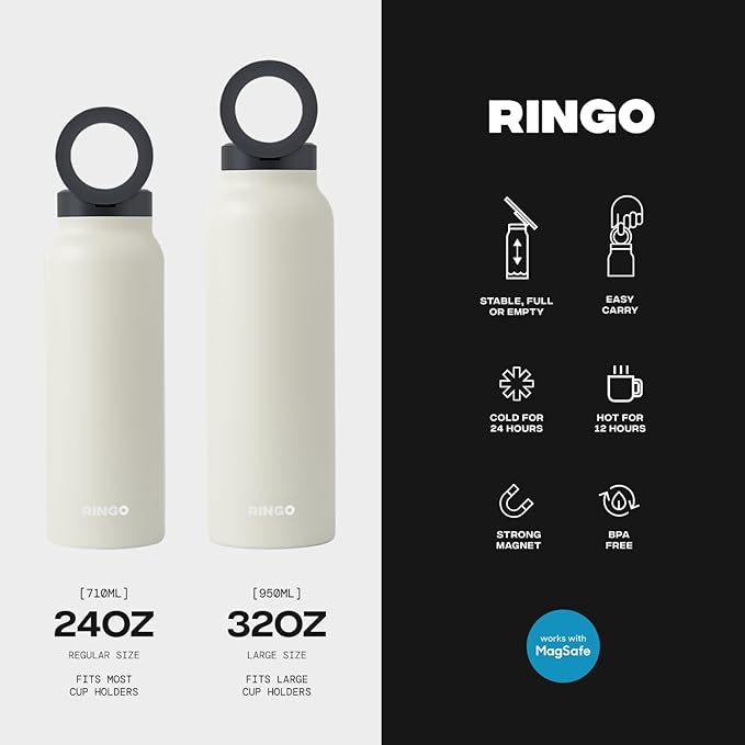 Ringo Insulated Water Bottle | Compatible MagSafe With Phone Holder | Stainless Steel Water Bottle With Magnetic Phone Tripod Mount | Hot for 12H, Cold for 24H, 360° Rotate - Ivory 24oz