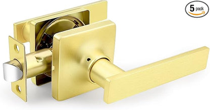 GOBEKOR 5 Pack Gold Door Handles Interior,Heavy Duty Passage Door Handles Interior Door Levers for Hallway and Closet, Modern Sleek Round Door Locks