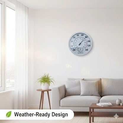 Outdoor Thermometer Hygrometer, 10 Inch Round Large White Gauge with Easy to Read Face, Waterproof Wall Mount for Patio, Garden, Garage, Home Outside Temperature and Humidity Monitor