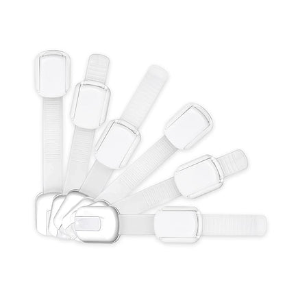 Adjustable & Reusable Child Safety Cabinet Locks & Latches, Baby Proofing Door Window, Cabinet, Toilet, & Refrigerator Lock, Child Safety Strap Locks with Adhesive Pads, Pack of 6, White - Wonderkid