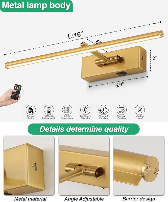 Battery Operated Picture Light with Wireless Remote 3CCT Dimmable Gold Wall Art Lights for Paintings 3 Color Rechargeable cordless decor Gallery Light 16’‘ Artwork Lighting for Canvas Timer Function