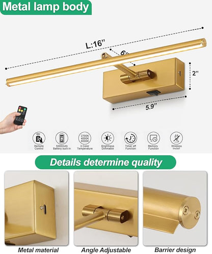 Battery Operated Picture Light with Wireless Remote 3CCT Dimmable Gold Wall Art Lights for Paintings 3 Color Rechargeable cordless decor Gallery Light 16’‘ Artwork Lighting for Canvas Timer Function