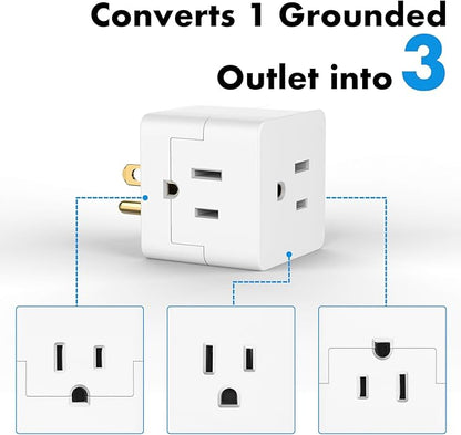 POWERCORDS 3 Power Blocks Outlet Splitter,Grounded Wall Tap, 3-Prong Plug Adapter AC Multi Plug Wall Outlet, Power Splitter, Cruise Essentials, for Home Office School Dorm, UL Listed,Assorted Color