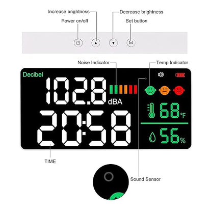 Decibel Meter Sound Level Reader, 11 Inch LED Display with Time Temperature Humidity, 30-130db Range - Sensor, Adjustable Brightness, USB Rechargeable for Home of