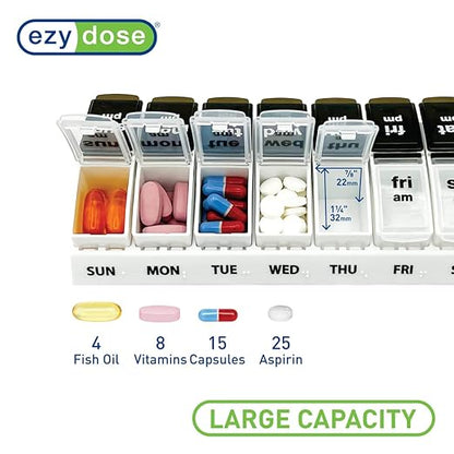 EZY DOSE Weekly (7-Day) Daily AM/PM Pill Case, Medicine Planner, Vitamin Organizer, Supplement Container, Large Pop-Out Compartments, Designed for Travel 2 Times a Day, Black and White Lids