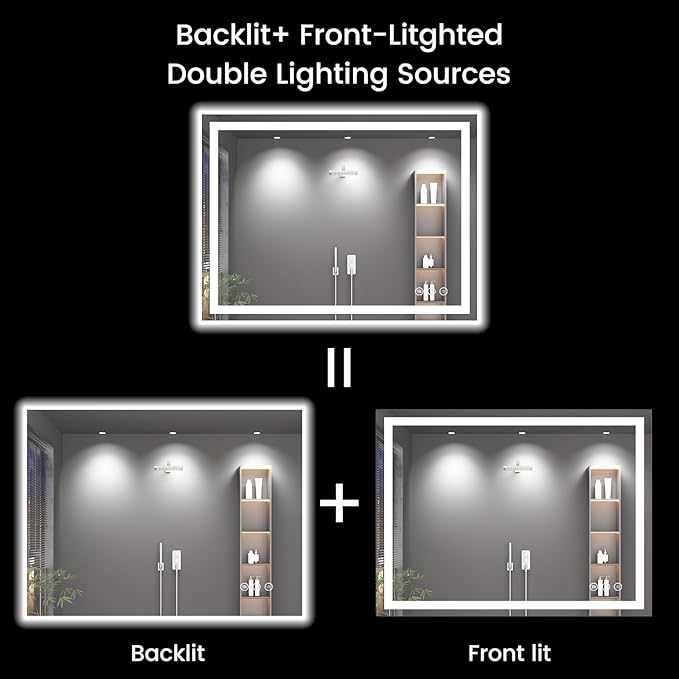48X40 LED Bathroom Mirror with Lights, Anti-Fog, Backlit + Front Lit (CRI>90), Lighted Bathroom Vanity Mirror for Wall, Memory Function, Dimmable, Tempered Glass, Shatter-Proof