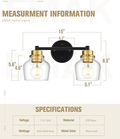 Emak Farmhouse 2-Light Bathroom Light Fixtures, Modern Black and Gold Vanity Lights with Clear Glass Shade for Bathroom, Mirror, VL122-BKBGD-CG-2