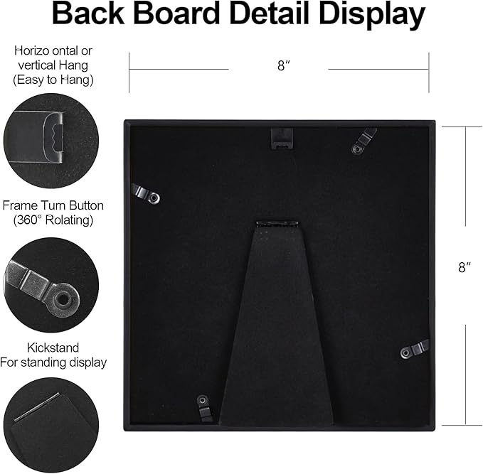 8x8 Picture Frame, Black Metal Square Photo Frames with HD Glass, Fits 5x5 with Mat or 8 x 8 without Mat, Display for Wall and Table, 1 Pack