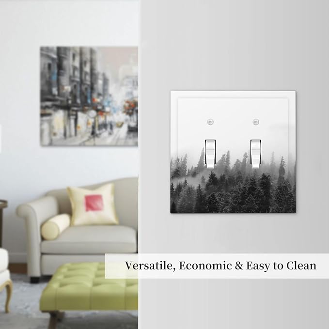 Decorative Switch Plates Fores Black White Landscape Misty Woods 2 Gang Double Toggle Outlet Light Switch Cover Wall Plate Electrical Faceplate For Farmhouse Cabin Decor