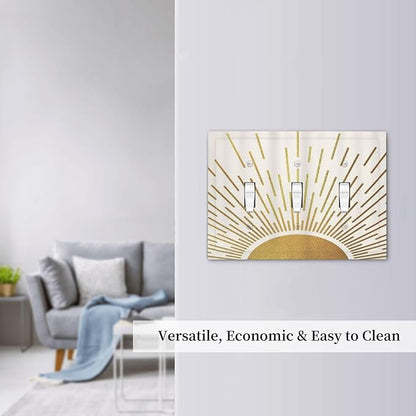 Decorative Light Switch Cover Plate Boho Mid Century Gold Sun Sunbeams 3 Gang Wall Plates for Electrical Outlets Triple Toggle Switch Plate Covers Outlet Covers Faceplate for Home Decor