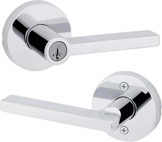Kwikset Halifax Keyed Storeroom Entry Door Handle with Lock and Key, Secure Keyed Reversible Lever Exterior, for Front Entrance and Bedrooms, Polished Chrome, Pick Resistant Smartkey Rekey Security