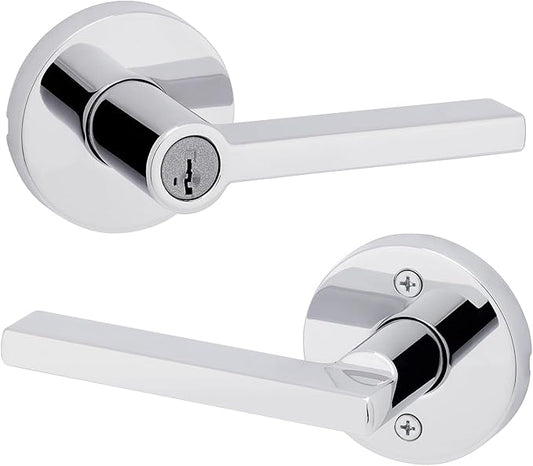 Kwikset Halifax Keyed Storeroom Entry Door Handle with Lock and Key, Secure Keyed Reversible Lever Exterior, for Front Entrance and Bedrooms, Polished Chrome, Pick Resistant Smartkey Rekey Security