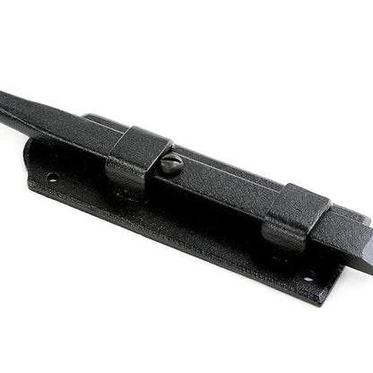 Renovators Supply Manufacturing Black Slide Bolt Door Latch 9 in. Long Black Iron Metal Sliding Bolts with Catch for Cabinet, Barn Doors Or Fence Rust Resistant Security Locks with Hardware Pack of 4