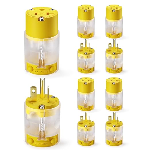 ELEGRP Lighted Straight Blade Electrical Plug and Connector Set 20 Amp 125 Volt NEMA 5-20P NEMA 5-20R 2 Pole 3 Wire Grounding, Commercial Grade, Yellow, 5 Set