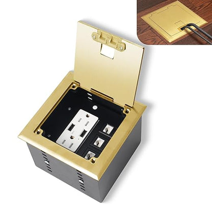 KYHSHJ Recessed Flat Hidden Socket Kit with 2 * 15A Receptacle，4.8A*2 USB-A Ports +3-Port RJ45 Datacom Receptacle. Internal Height Adjustable，Corrosive Resistant Hardware,Brass