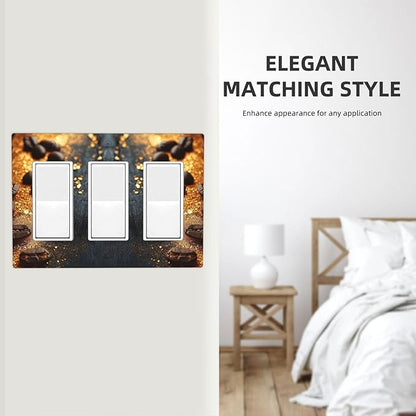 Decorative Outlet Covers Black Wood Board Gold Dust Coffee Beans 3 Gang Wall Plate Triple Rocker Light Switch Cover Plate Jumbo Electrical GFCI Face Plate for Caffee Room