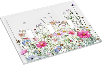 Decorative Switch Plates Boho Colorful Flowering Plant Wild Flower 3 Gang Wall Plate Triple Toggle Light Switch Cover Faceplate Electrical Wall Panels For Bed Room Living Room Decor