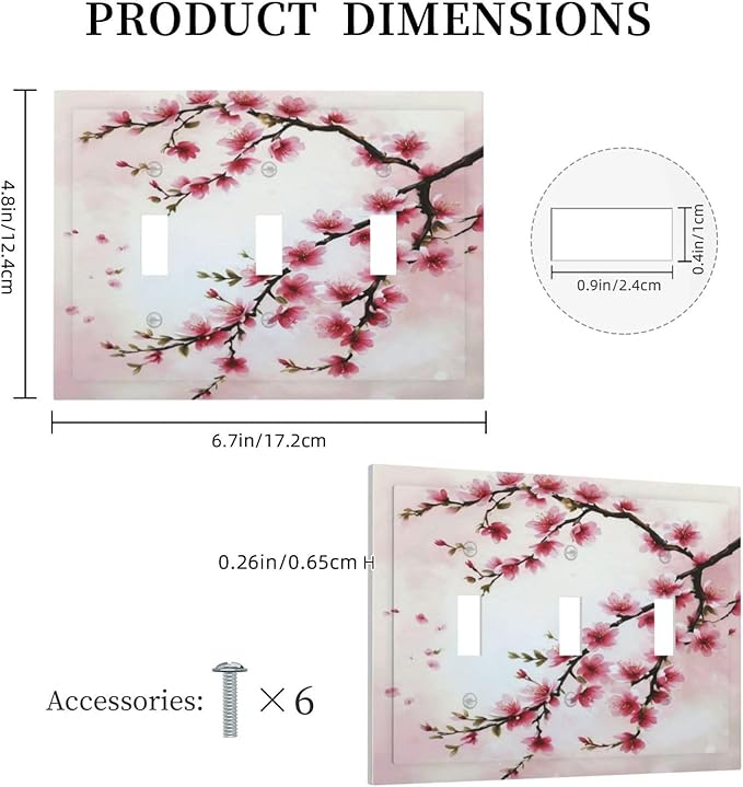 Branch with Pink Flowers Light Switch Covers 3 Gang Triple Toggle Wall Plate Decorative Switchplate Electrical Faceplate for Farmhouse Living Decor