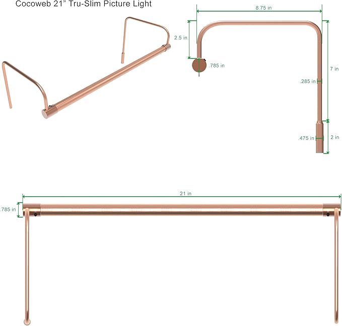 Cocoweb 21 Inch Tru-Slim Copper Picture Light - LED, 2700K, Adjustable Arm, Plug-in, Toggle Switch, Sleek and Compact Design