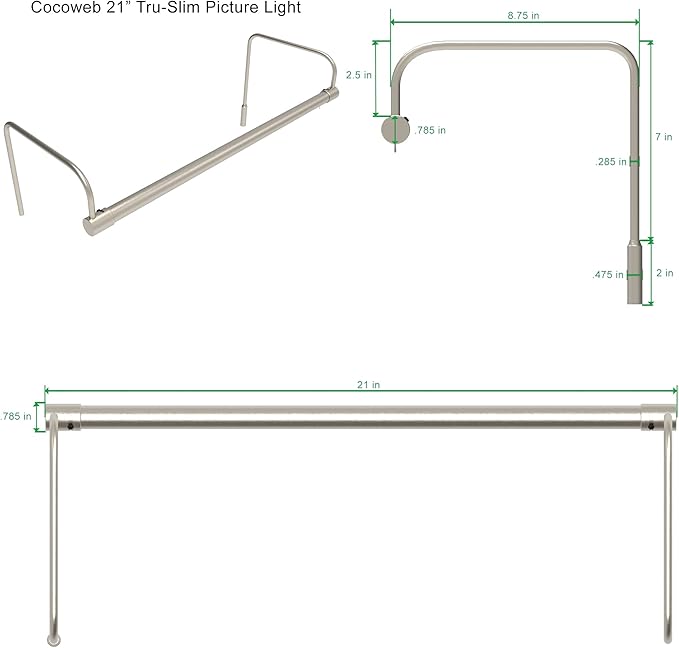 Cocoweb 21 Inch Tru-Slim Satin Nickel Picture Light - LED, 2700K, Adjustable Arm, Plug-in, Toggle Switch, Sleek and Compact Design
