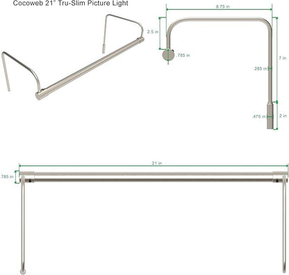 Cocoweb 21 Inch Tru-Slim Satin Nickel Picture Light - LED, 2700K, Adjustable Arm, Plug-in, Toggle Switch, Sleek and Compact Design
