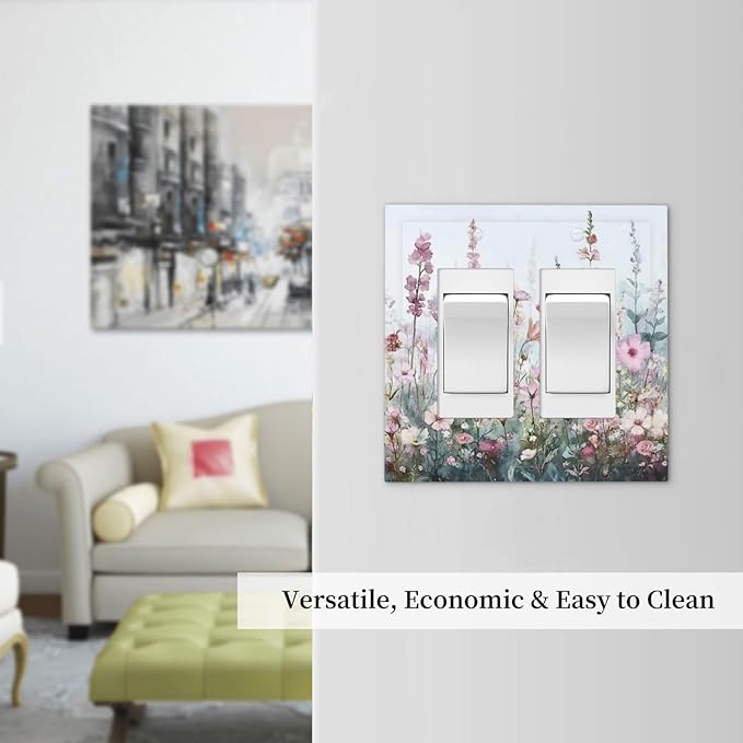 Pink Floral Watercolor Botanical Wildflowers Decorative Outlet Covers 2 Gang Double Gfci Rocker Electrical Wall Panels Light Switch Cover Plate For Bed Room Living Room Decor